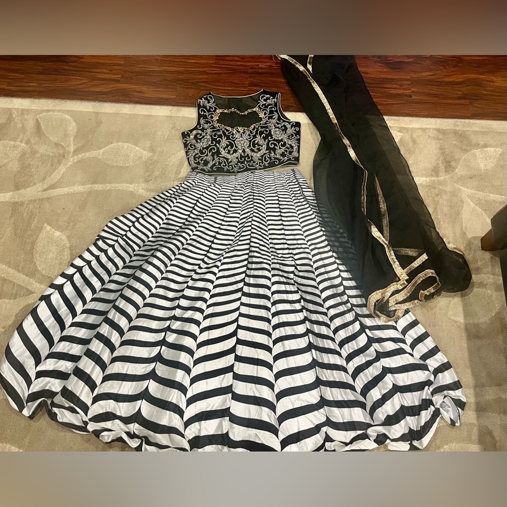 Brand new Black and White Striped lengha choli  with Hand Embroidered blouse